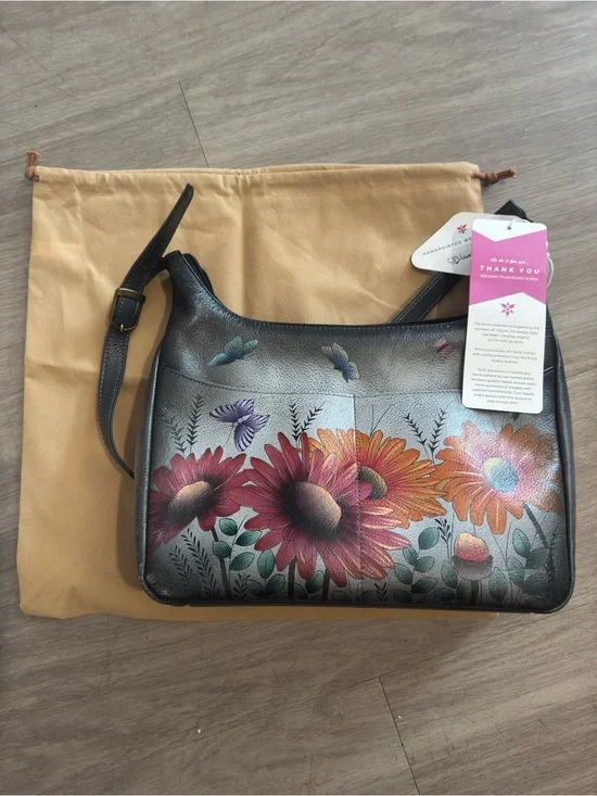Hand-Painted Floral Leather Shoulder Bag - Multicolor