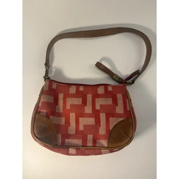 Y2K Vintage Nine West Cloth Handbag Geometric Red Pink Tan Leather Trim Small