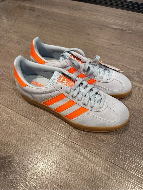 adidas gazelle indoor — baby blue with Bright Orange Stripes