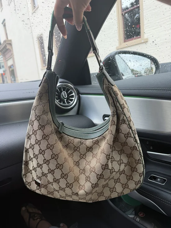 Beige Gucci Monogram Hobo Shoulder Bag with Green Trim