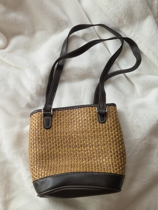 Liz Claiborne Tan Woven Shoulder Bag with Dark Brown Trim
