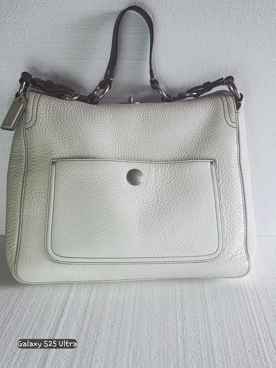 Coach White Pebbled Leather Shoulder Bag with Front Pocket