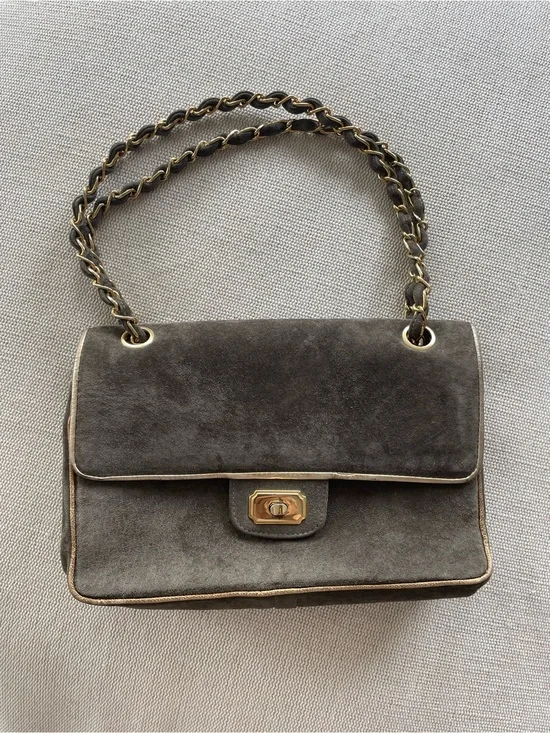 Vintage Meyers Suede Grey Taupe Bag Gold Edges Chain Strap 1970s