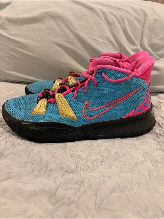 Nike Kyrie 7 Turquoise and Pink Basketball Sneakers with Gold Accents
