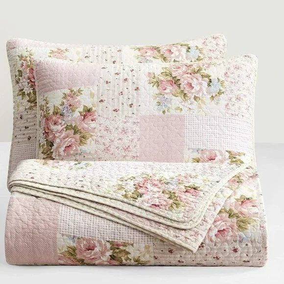 🍁🍁🍁🍂🍂🍂Pre-Washed Cotton Quilt Set - Rosy Pink Chic Floral Bedding Coverlet