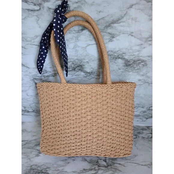 Straw Wicker Style Tote Handbag Shoulder Bag Zipper Top Clean Interior
