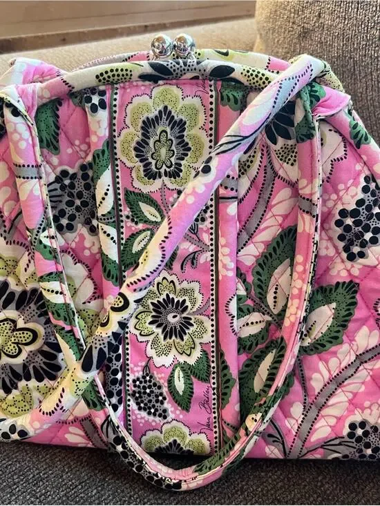 Vera Bradley Priscilla Pink Quilted Floral Kiss-Lock Tote in Pink and Green