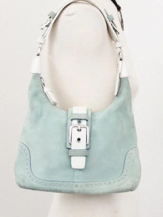 Coach Mint Green Suede Shoulder Bag with White Trim