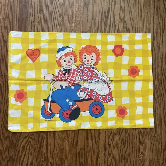 Raggedy Ann & Andy Pillowcase VTG 1970s Yellow 2-Sided Bobbs Merrill Co Bedding