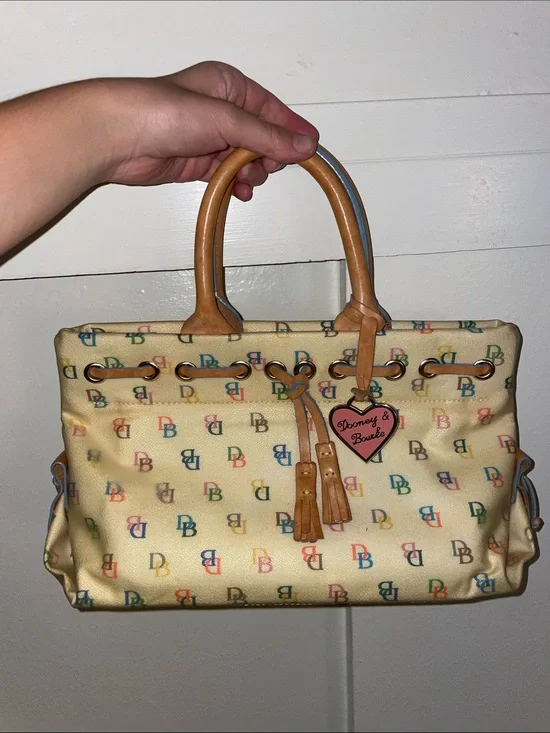 Vintage Dooney & Bourke Cream Multicolor DB Logo Satchel with Tan Handles