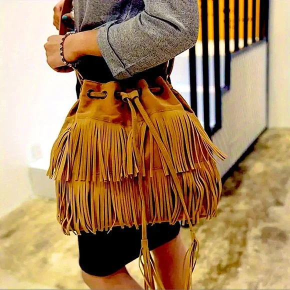 Dose of Daisy 🌼 Best Seller!!  BOHO Fringe Bucket Bag Vegan Leather Dark brown