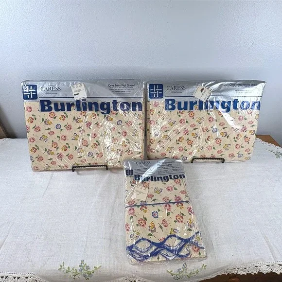 Vintage Burlington Caress Twin Sheet Set Floral Butterfly Scalloped New NOS