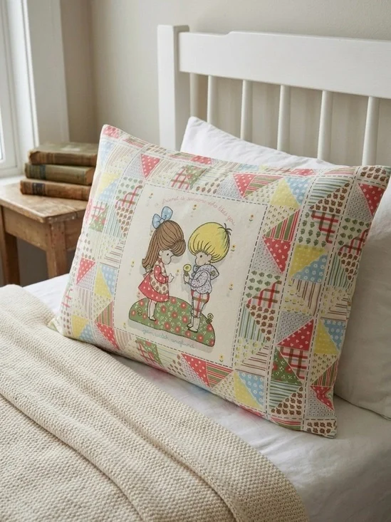 Vintage Style Children's Pillowcase with Pastel Patchwork and Illustration