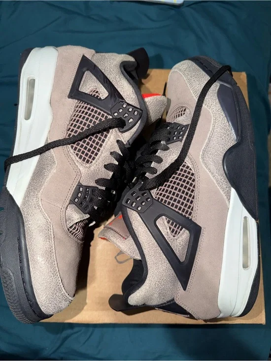 Jordan Retro 4 Suede Taupe and Black Sneakers with Red Jumpman Size 12