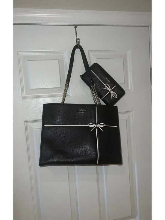 Kate spade black leather bag shaped like a present with matching wallet BUNDLE