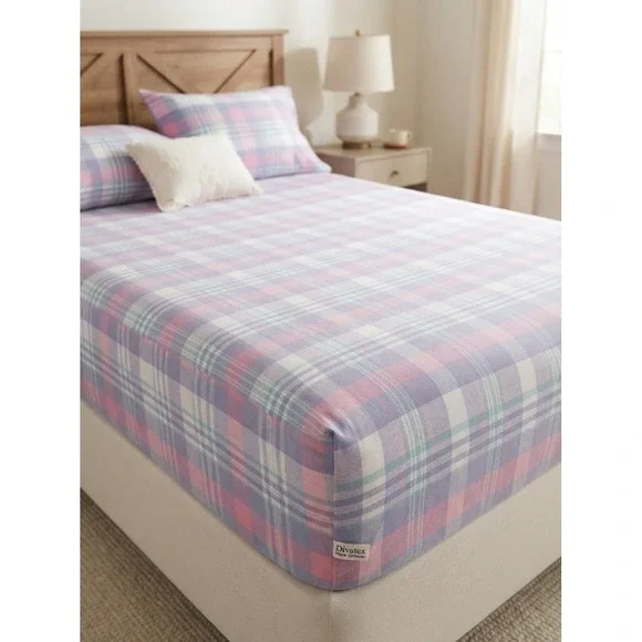 Divatex vtg Home Fashions Full Flannel Sheet Set Pink Blue Plaid 100% Cotton 3pc