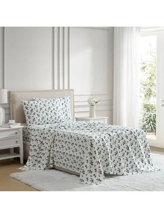 Lenox Flannel Sheet Set, Holly Green Berries, QUEEN