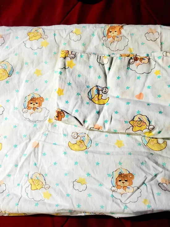 Vintage Crib Bedding Sheet Set with Yellow & Blue Sleepy Bear Print
