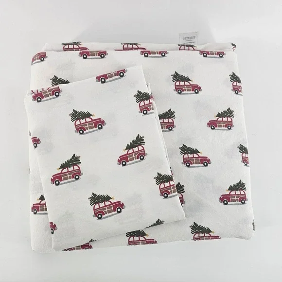 Pottery Barn Full Sheet & Sham Set White Red Christmas Holiday Tree Woody Car
