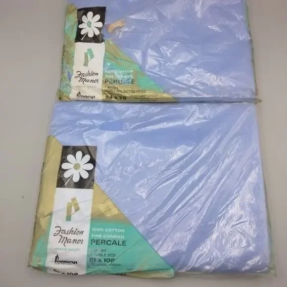 Vtg JC Penney Fashion Manor Sheet Set Blue Floral Double Flat And Fitted