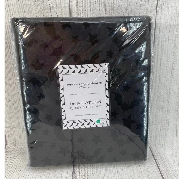 Cupcakes and Cashmere Sheet Set QUEEN Black Bat Moon Star 100% Cotton Halloween
