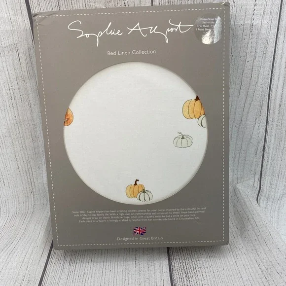 Sophie Allport Sheet Set QUEEN Pumpkin Cat White Cotton Percale Halloween Fall