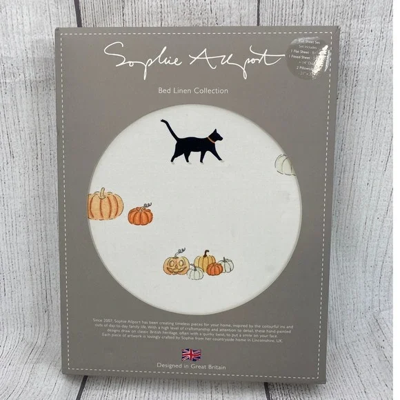 Sophie Allport Sheet Set FULL Pumpkin Cat White Cotton Halloween Harvest Autumn