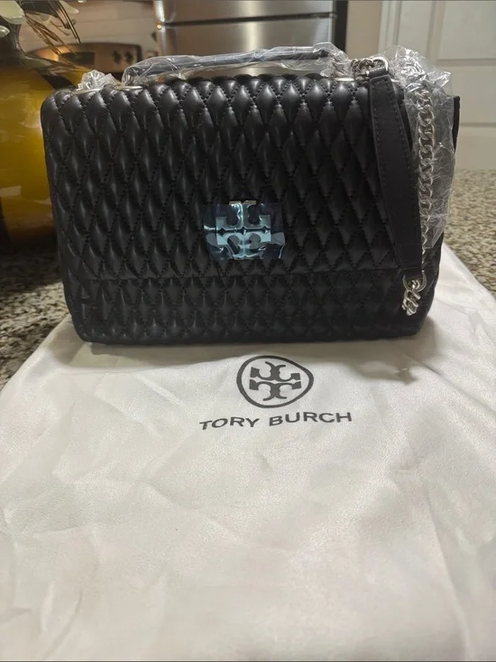 Tory Burch Black Quilted Leather Shoulder Bag with Chain Strap