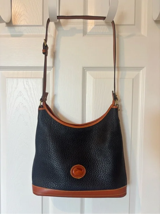 Dooney & Bourke Black Pebbled Leather Shoulder Bag with Brown Trim