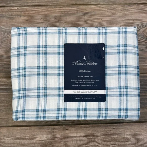 Brooks Brothers Queen Sheet Set Blue White Plaid 100% Cotton 4pc‎ New