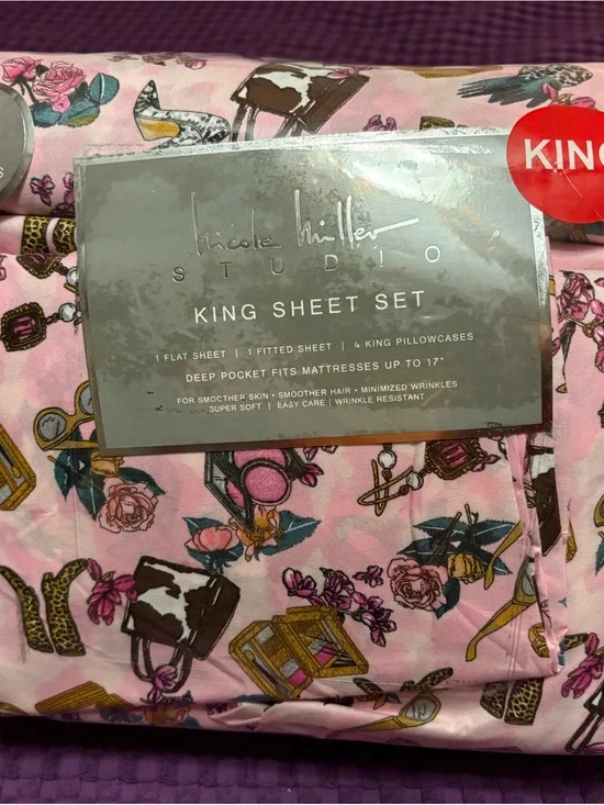 Nicole Miller Pink Fashion-Print King Sheet Set with Floral & Accessory Motif