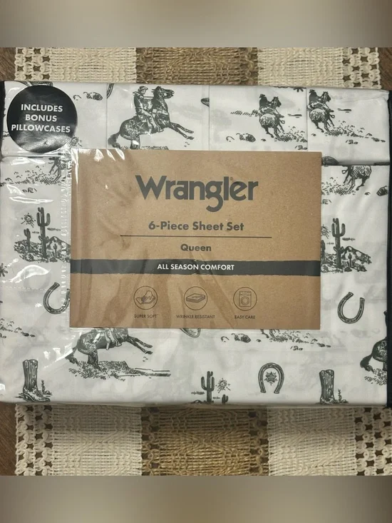 NEW Wrangler White Sheet Set with Dark Green Western Rodeo Cowboy Print