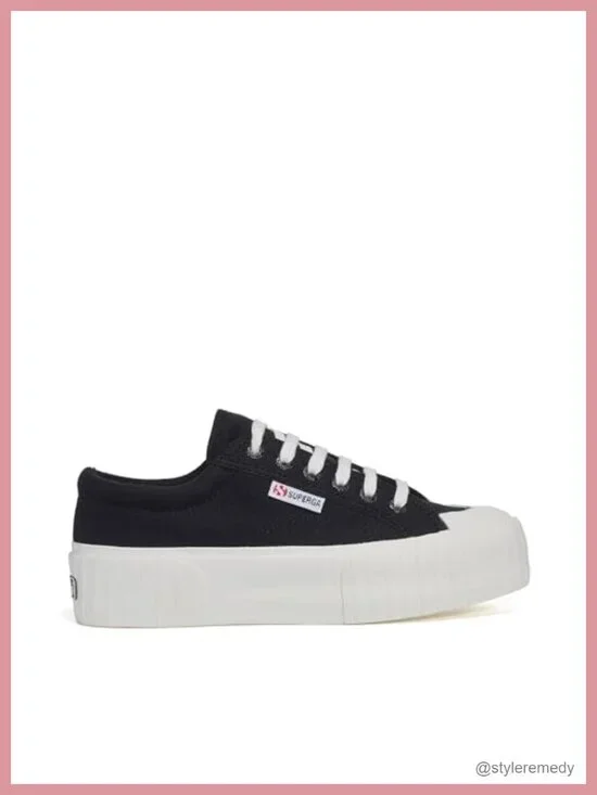 Cotton Platform Sneakers Lace-Up Chunky Sole Cap Toe