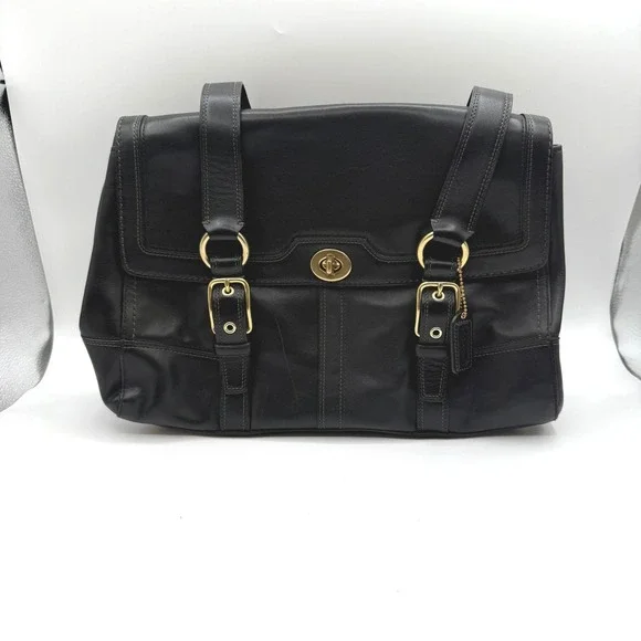 Vintage Coach Leather Shoulder Bag Women Black Turnlock Gold Hardware Satchel