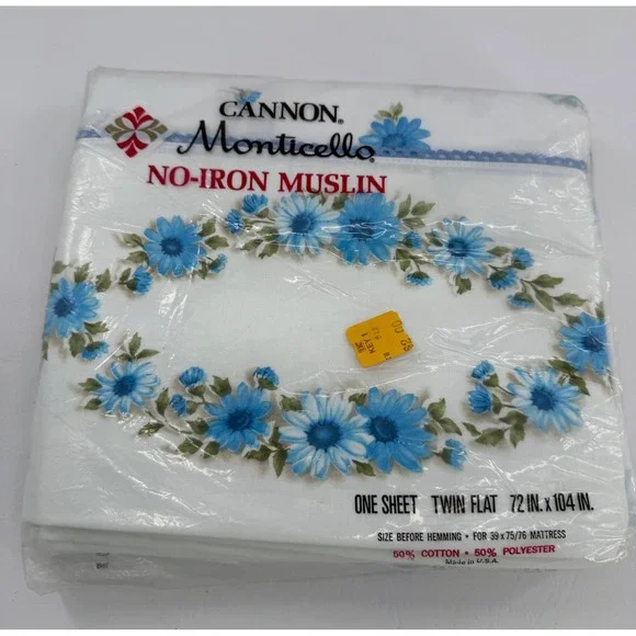 Cannon Flat Sheet Twin White Blue Floral Monticello No-Iron Muslin Vintage USA