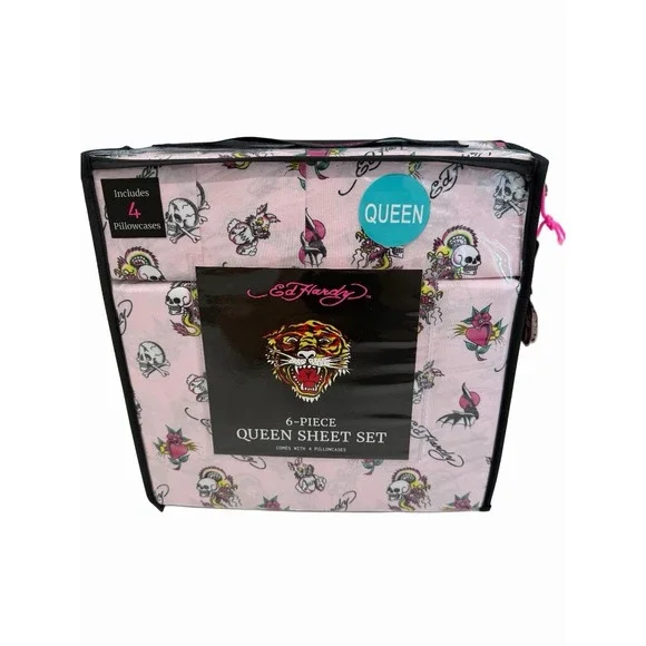 Ed Hardy 6-Piece Pink QUEEN Sheet Set Skull Bunny w/4 Pillowcases  New