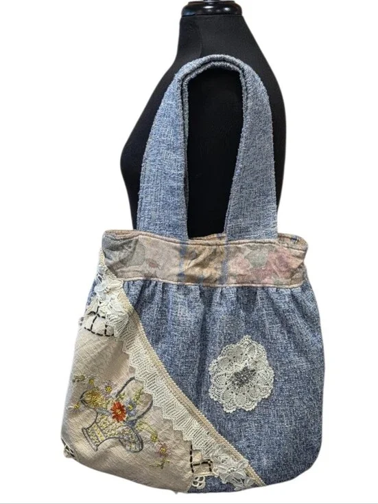 Handmade Patchwork Boho Embroidered Tote Shoulder Bag - Blue Cottagecore