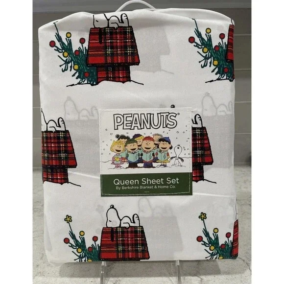 Snoopy PLAID Doghouse QUEEN Sheet Set Berkshire Sheets CHRISTMAS Peanuts New