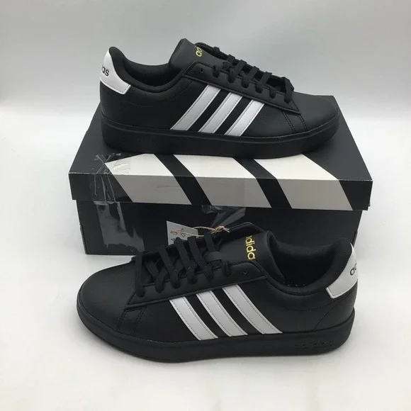 Adidas Grand Court 2.0 Mens Shoes Black White Gold‎ Sneakers JR0546 Size 8 NEW
