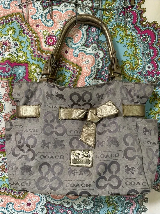 Coach Taupe Signature Tote with Metallic Gold Bow Accents