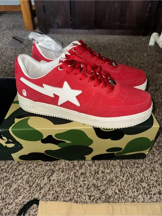 BAPE  Red Suede STA Low-Top Sneakers with White Star