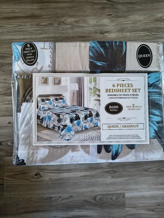 6-Piece Queen Bedsheet Set with Blue Floral Paris Design