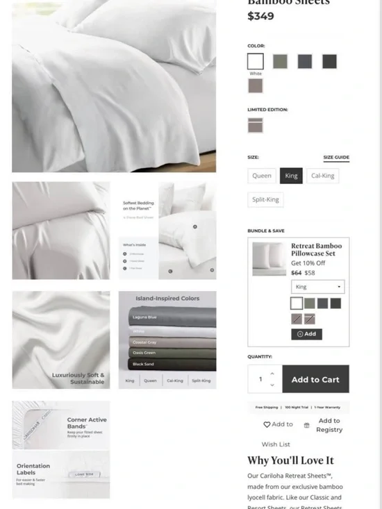 Cariloha Retreat Sheet Set — White (King)