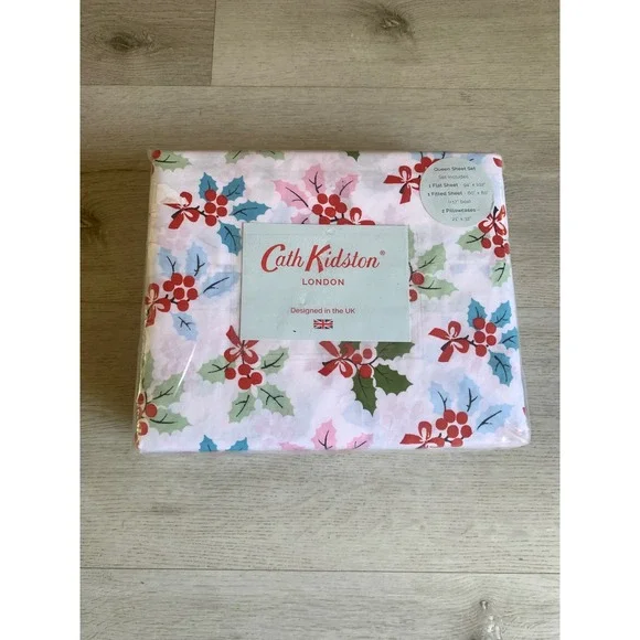 Cath Kidston Queen Sheet Set Holly Berry Christmas‎ Holiday Floral 4 Piece NEW