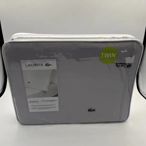 LACOSTE Solid Grey 100% Cotton Percale Twin Sheet Set NWT