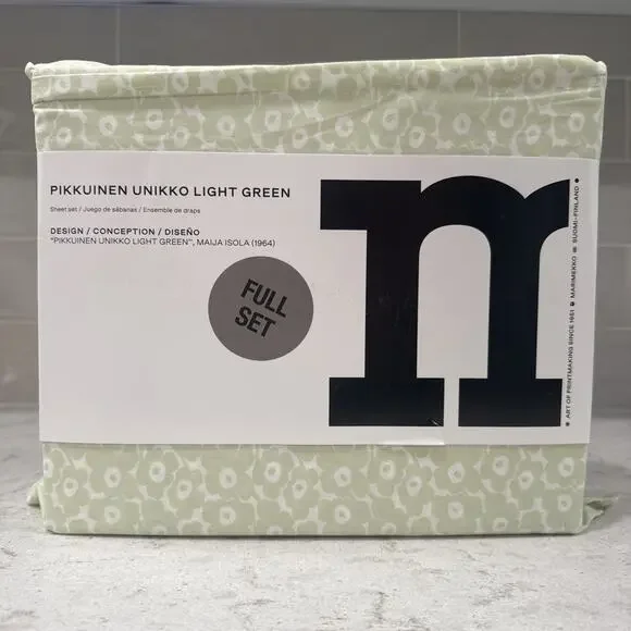 Marimekko PIKKUINEN UNIKKO GREEN 100% Cotton 4 pc Full Sheet Set New