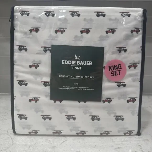 4 pc KING SIZE Eddie Bauer “Out to the Beach” 100% Cotton Sheet Set Jeep Bronco