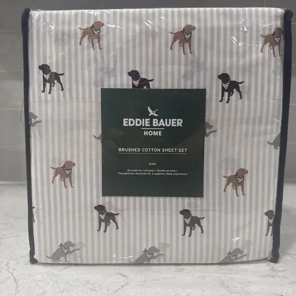 4 pc KING Eddie Bauer Buddy Scarves Stripes 100% Cotton Sheet Set Retriever Dogs
