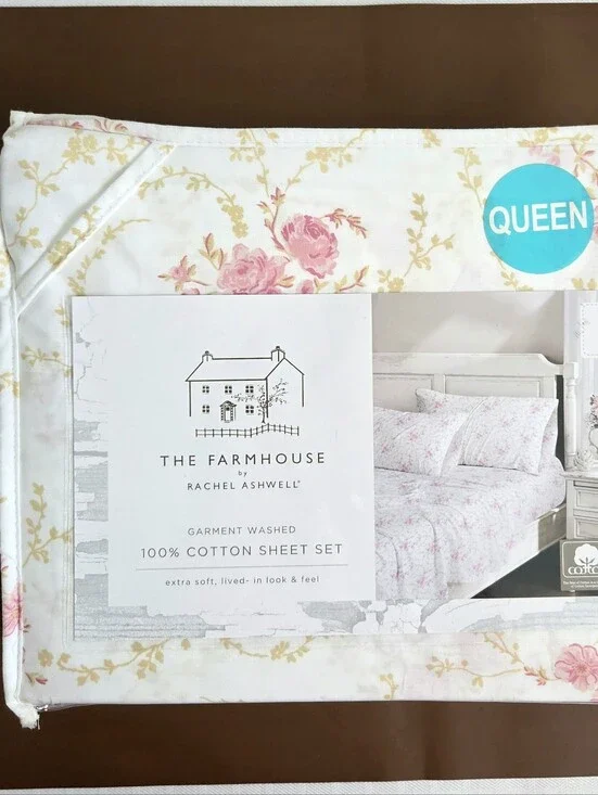 Shabby Chic Rachel Ashwell Cotton QUEEN sheet set Pink Floral Leaf Vines NEW