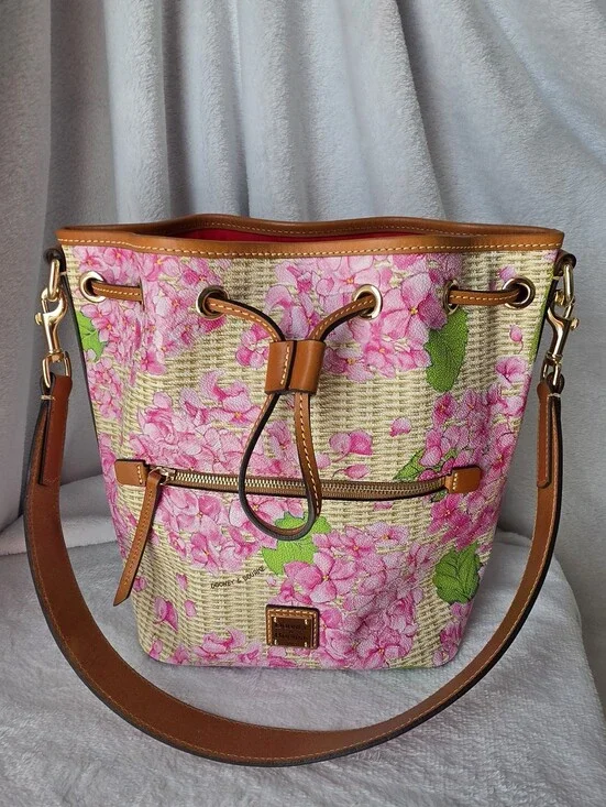 Dooney & Bourke Pink Floral Bucket Shoulder Bag with Tan Trim